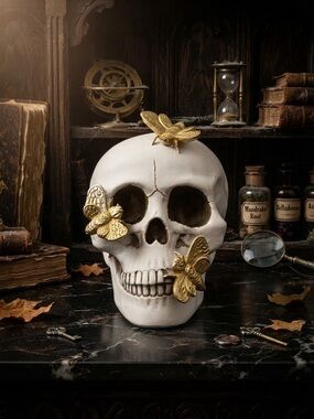 Decorative White Skull Accent with Gold Butterflies - Home Accents